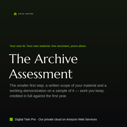 The Archive Assessment — the smaller first step: a written scope of your material and a working demonstration on a sample of it, work you keep, credited in full against the first year.
